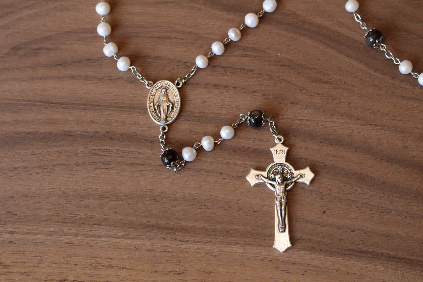 Freshwater Pearl and Obsidian Rosary